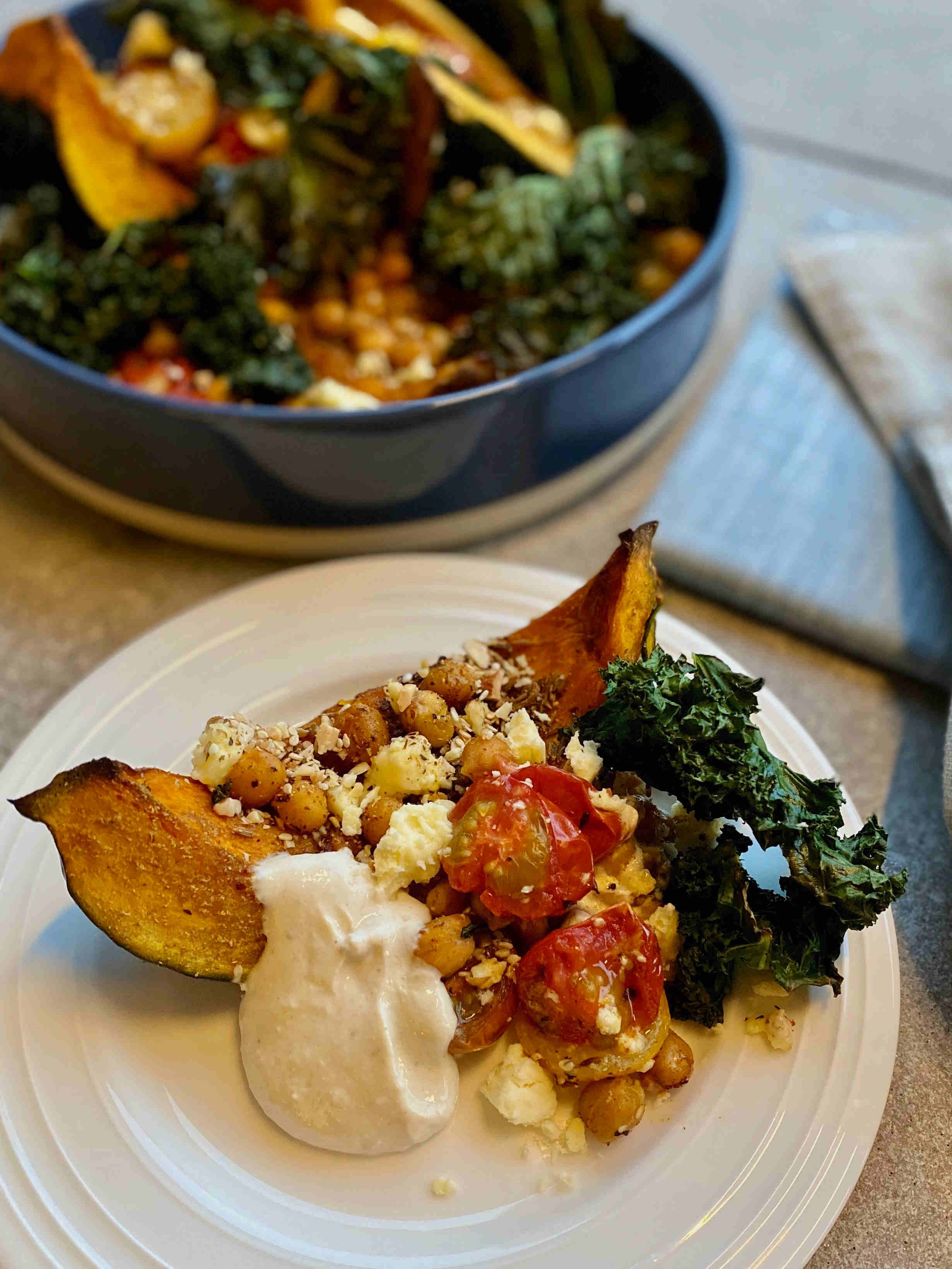 Spiced Squash with Harissa Chickpeas and Kale