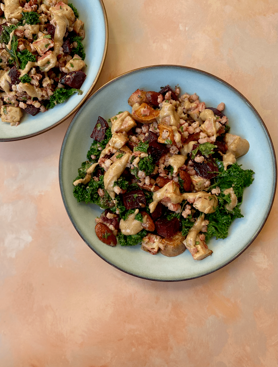 Winter Veg Barley Bowl - A warm, hearty bowl of roasted winter vegetables, nutty barley, toasted almonds, and lemon-tahini dressing. Perfect for cold days, meal prep, or cosy weeknight dinners.